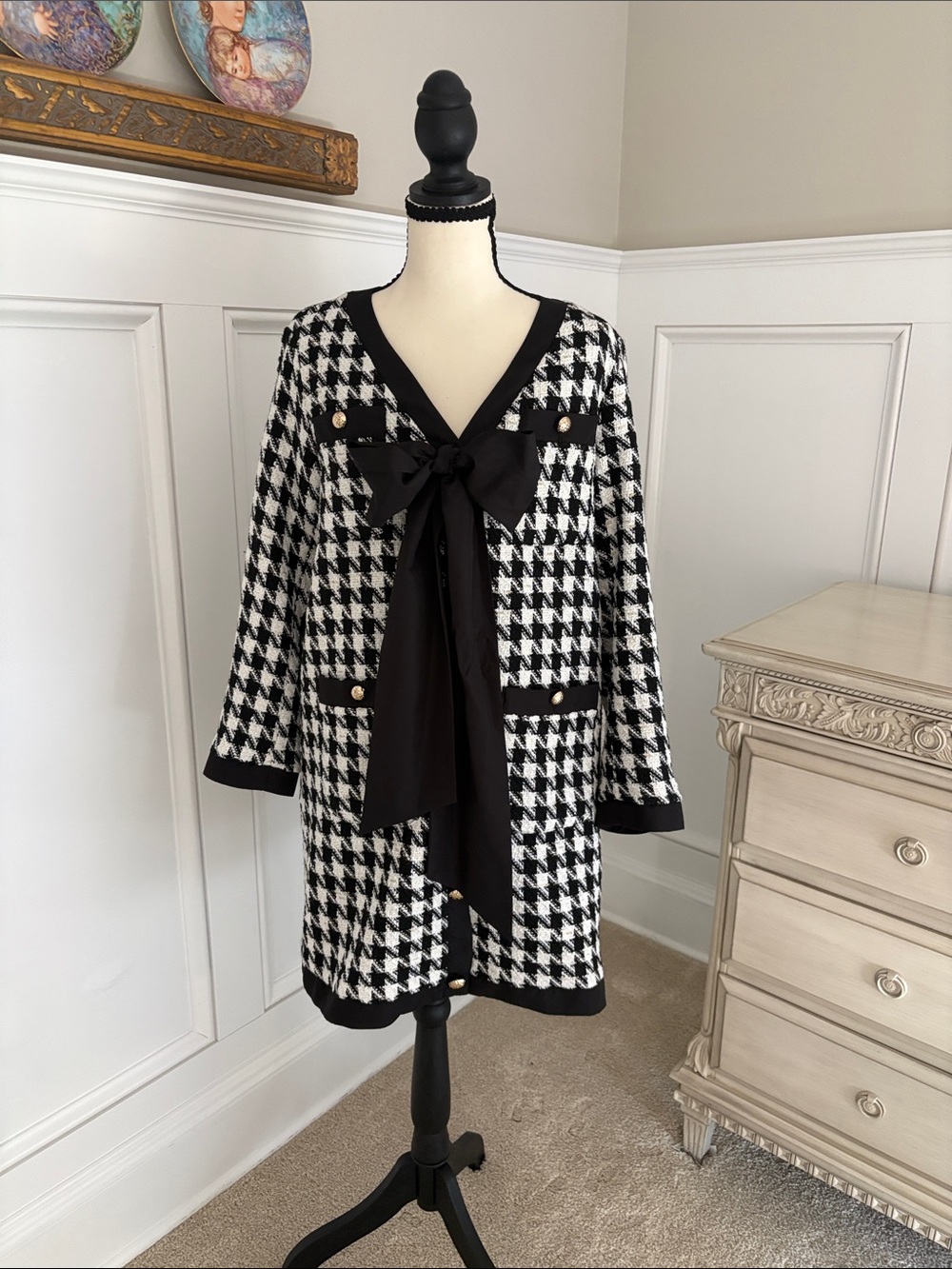 Pomander Place Black & White Houndstooth Bow-Front dress
